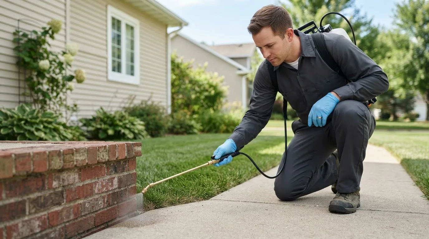 Pest control technician treating a home near Sturtevant, WI